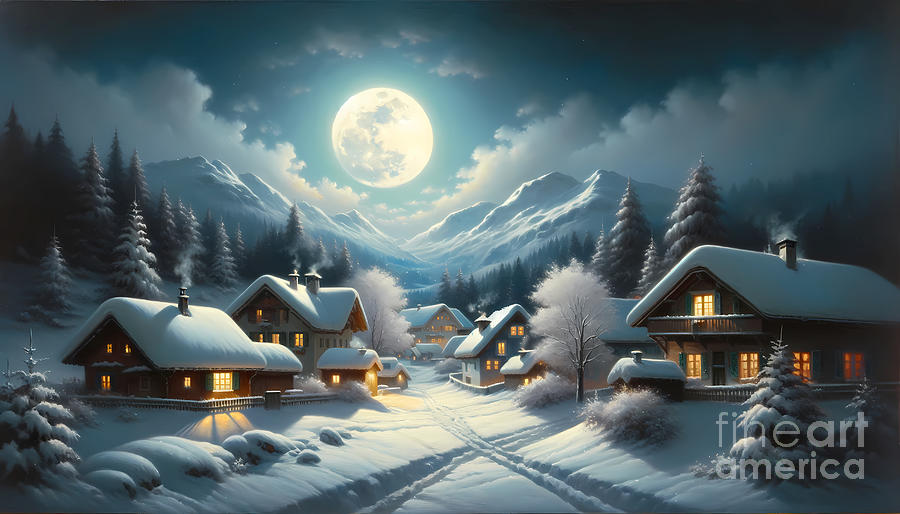Cottage Painting - A snowy moonlit night in a quiet alpine village by Jeff Creation