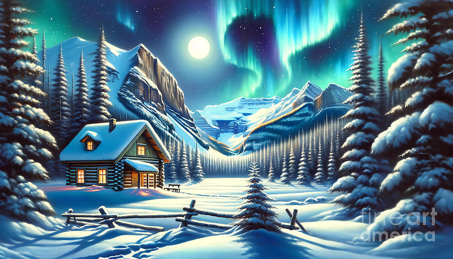 Winter Painting - A snowy scene of a log cabin in the Canadian Rockies, with northern lights dancing in the sky. by Jeff Creation