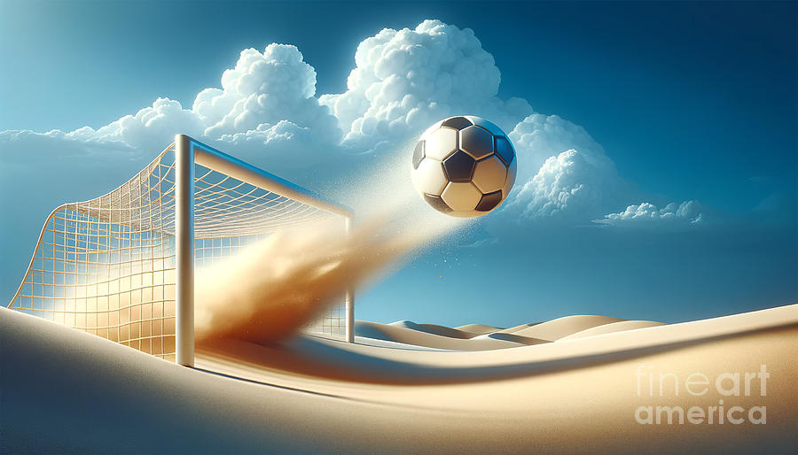 A soccer ball is captured mid-air after hitting the back of a net in a desert. Digital Art by Odon Czintos