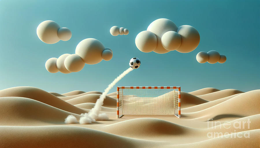 A soccer ball trails a cloud of dust as it heads towards a goal post in a sandy desert  Digital Art by Odon Czintos