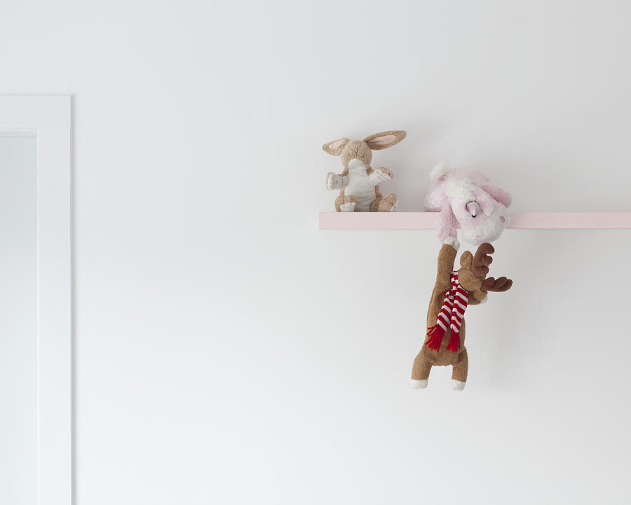 A soft toy unicorn helping a deer up onto a shelf Photograph by Steven Errico
