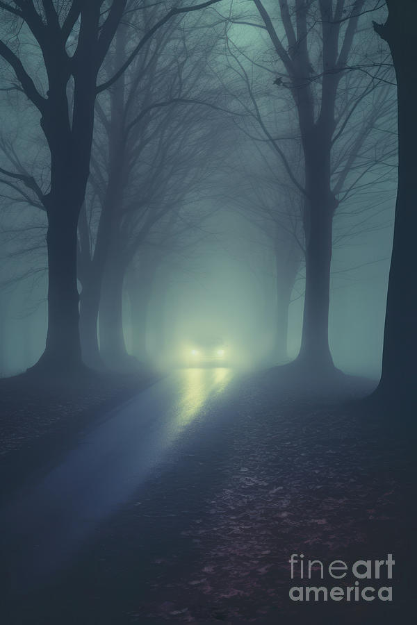 A Solitary Car On A Tree-lined Avenue At Night In Fog Digital Art by Lee Avison