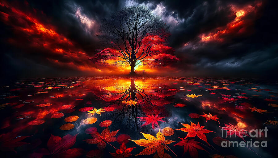 A solitary tree with fiery red leaves stands in stark contrast against a tumultuous sky reflecting. Digital Art by Odon Czintos