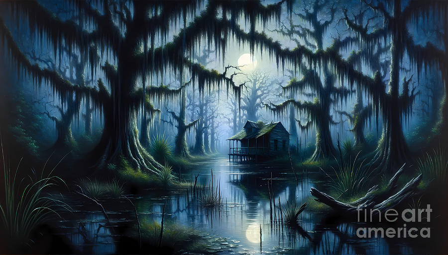 Nature Painting - A Southern Gothic scene with a bayou and Spanish moss, in a moonlit setting. by Jeff Creation