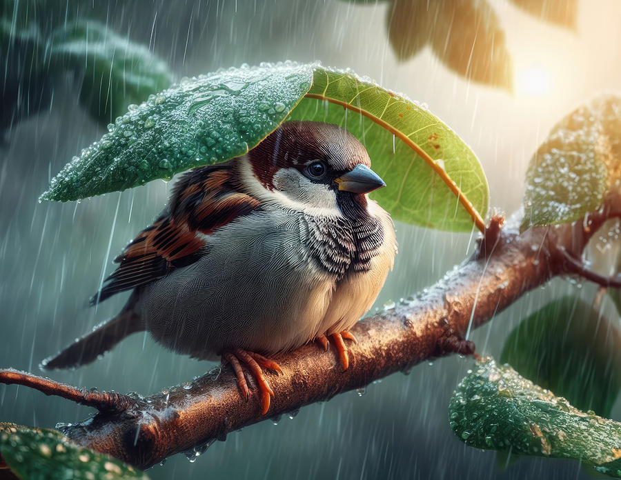 A Sparrows Solitude in the Cold Rain Photograph by Bill and Linda Tiepelman