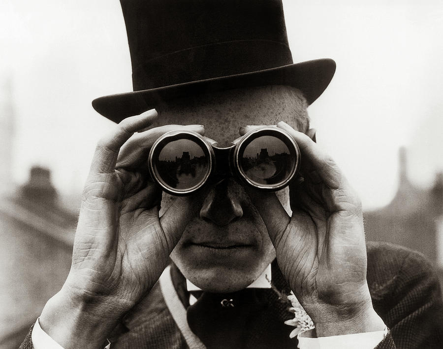 Black And White Painting - A Spectator looking through his Binoculars at the Derby Horse Racing, Epsom, Surrey, 1923 by Unknown