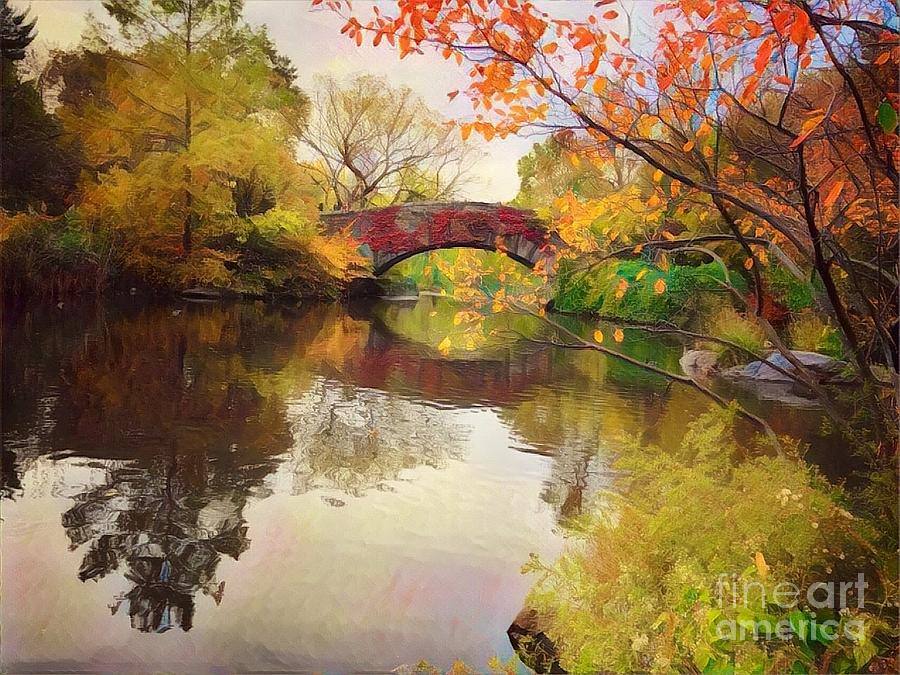Central Park Photograph - A Splash of Fire - Gapstow Bridge in Autumn by Miriam Danar