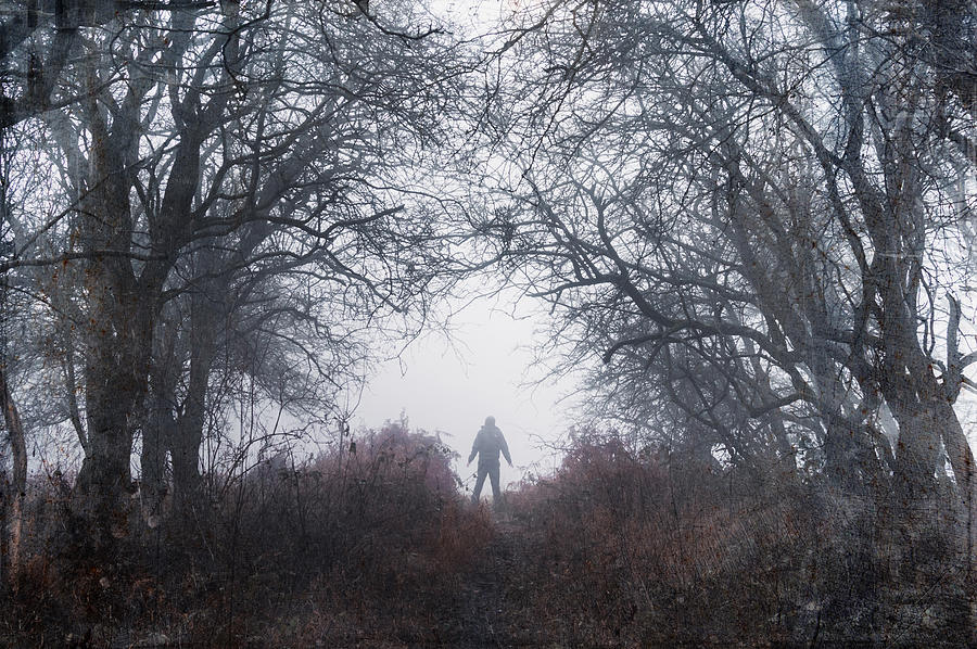 A spooky silhouette of a figure with arms outstretched, standing in a foggy winters forest. With a grunge, grainy, vintage edit. Photograph by David Wall