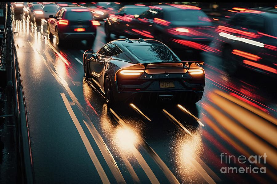 A sports car escapes down a highway at full speed. Ai generated Photograph by Joaquin Corbalan