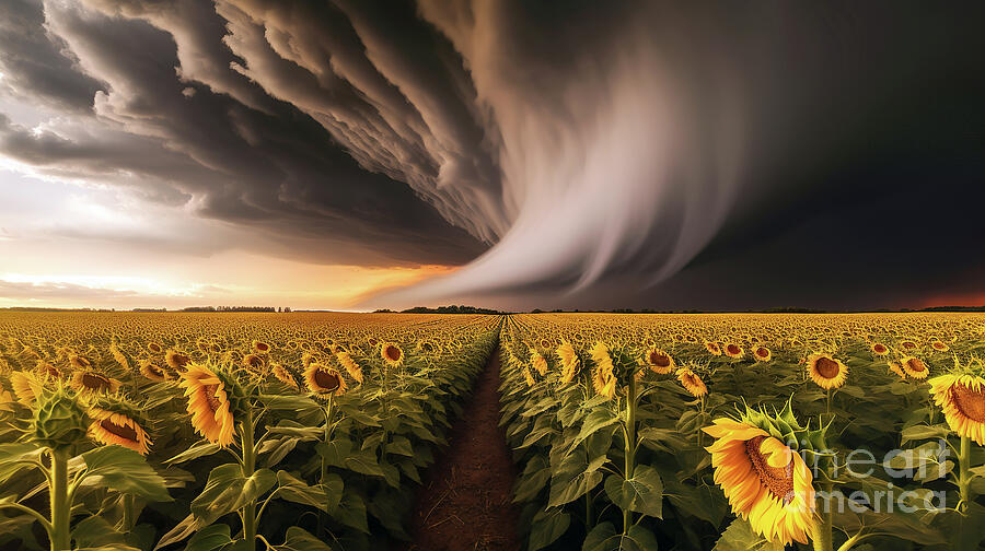 A sprawling field of sunflowers under a dramatic sky  Digital Art by Odon Czintos