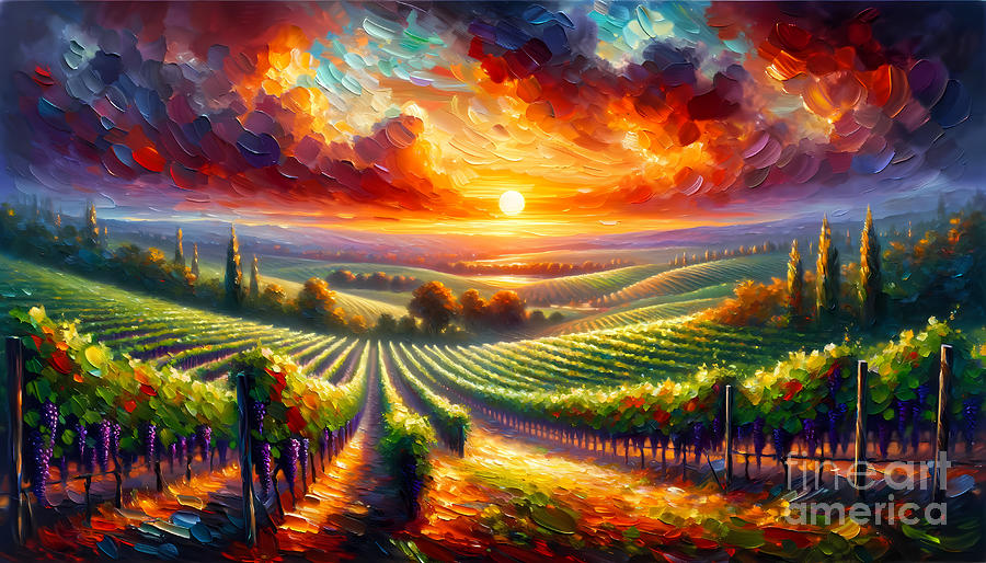 Sunset Painting - A sprawling vineyard at sunset in the rolling countryside by Jeff Creation