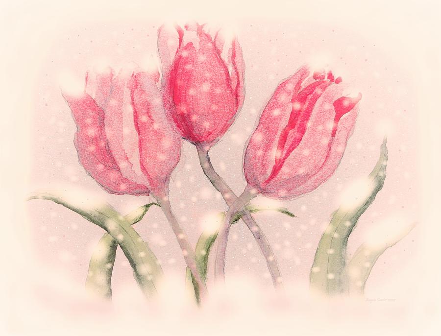 Tulip Painting - A Spring Snow Romance by Angela Davies