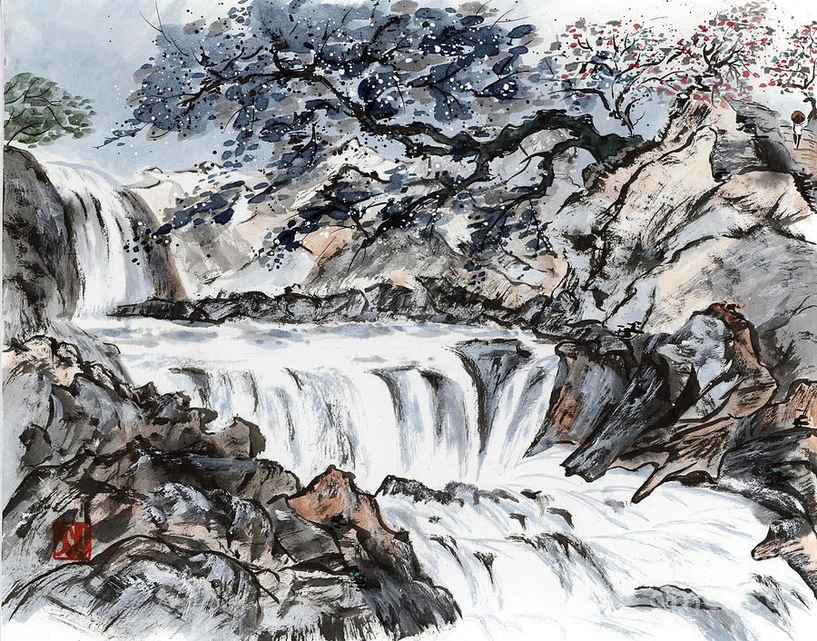 A Spring Waterfall - C52 Painting by Linda Smith
