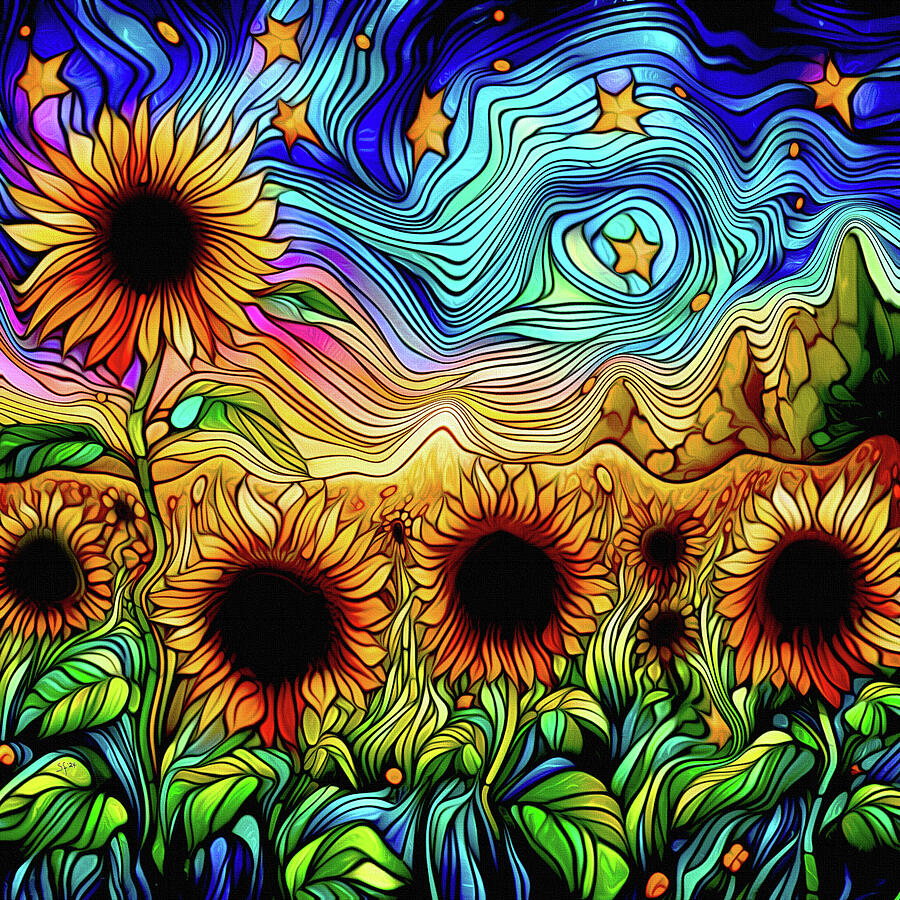 A Starry Night Sky with Sunflowers  Mixed Media by Shelli Fitzpatrick