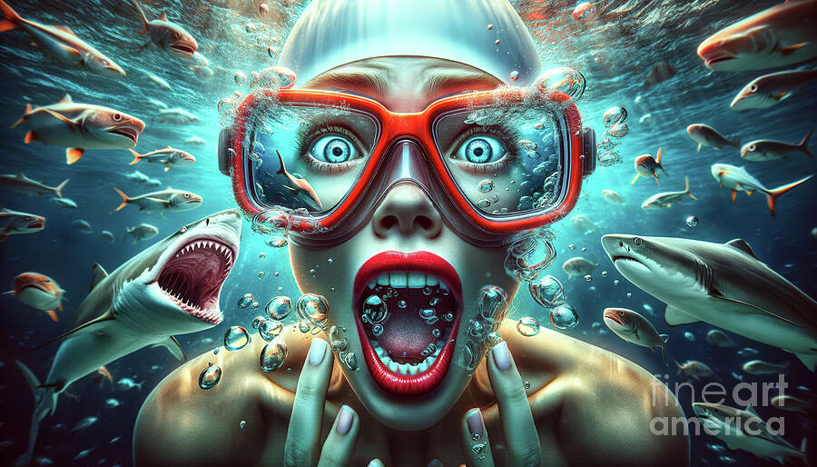 A startled woman in a swimsuit and large red goggles Digital Art by Odon Czintos