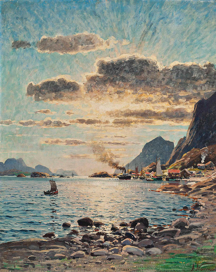 A steam boat on Norwegian fjord  Painting by Adelsteen Normann