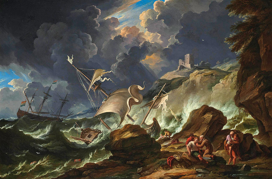 A stormy seascape with Dutch shipping being wrecked off the coast  Painting by Carlo Antonio Tavella