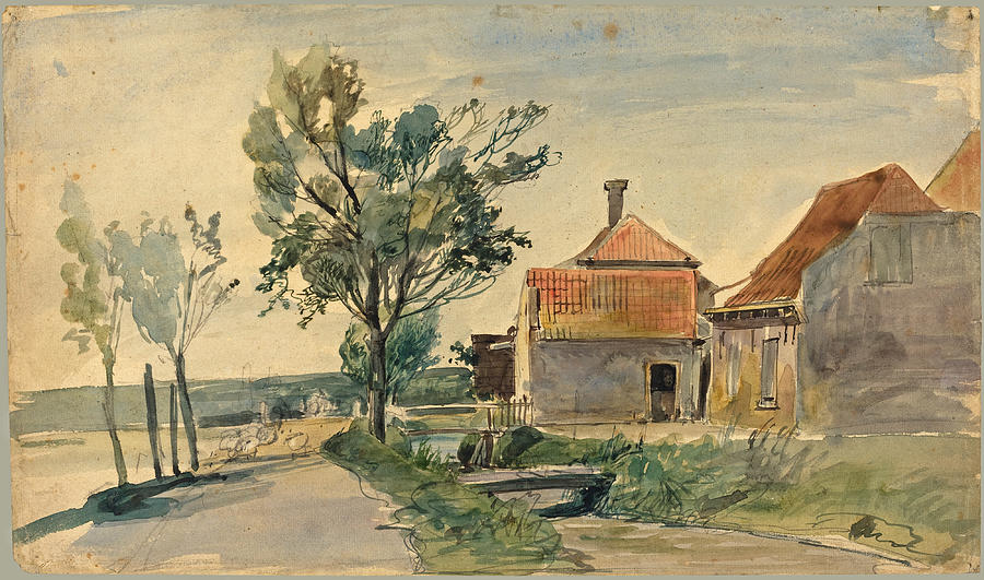 A Stream Running between Houses and a Road Drawing by Johan Barthold Jongkind