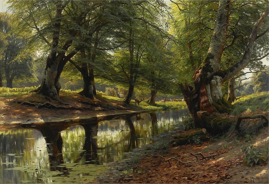 A stream through valley, deer in the distance by Peder Monsted Painting by Peder Mork Monsted
