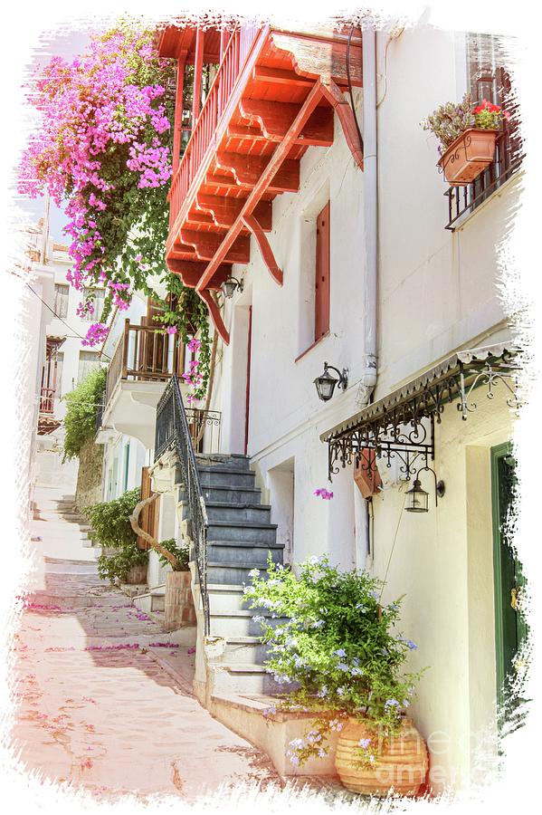 Flower Photograph - A street in Skopelos. by David Birchall