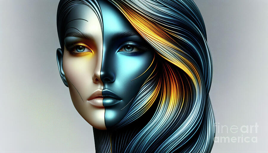 A striking digital portrait of a woman with a metallic blue face and vibrant Digital Art by Odon Czintos