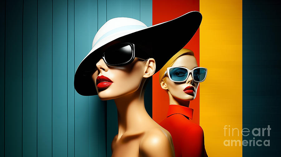 A striking digital portrait of two stylized women in large hats and sunglasses Digital Art by Odon Czintos