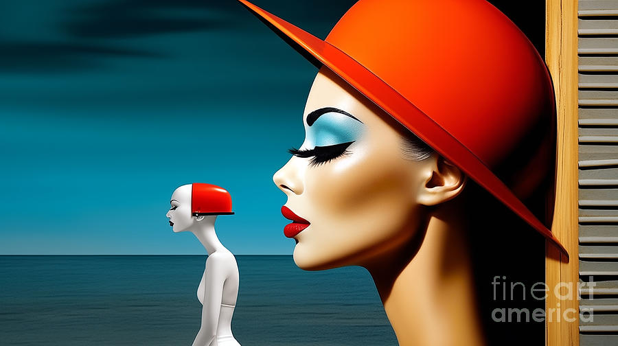A striking image of two stylized figures, one vibrant with a red hat  Digital Art by Odon Czintos
