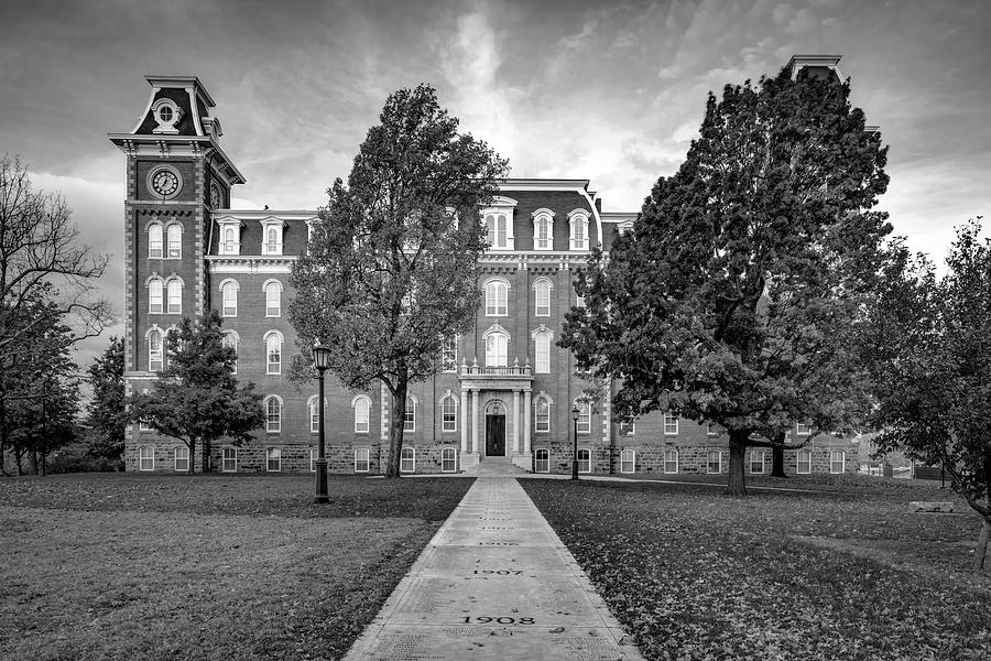 A Stroll Along Senior Walk To Historic Old Main In Black and White Photograph by Gregory Ballos