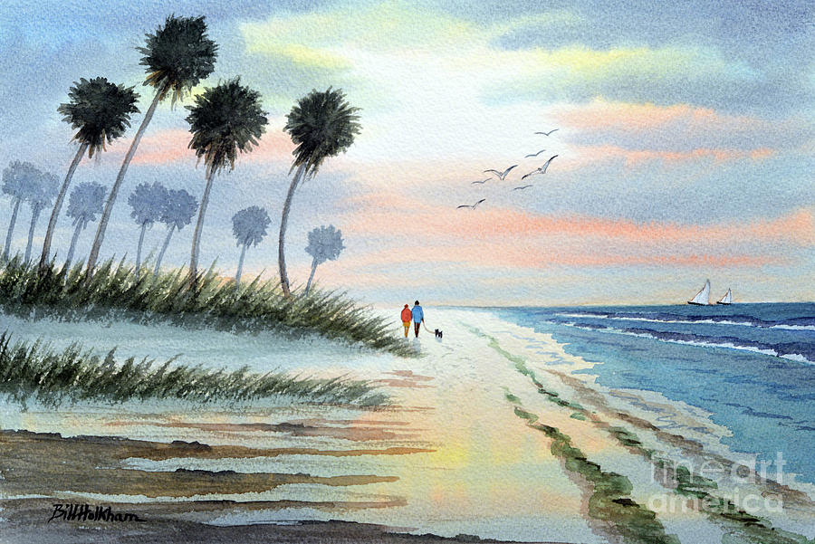 A Stroll Along Sunset Beach Florida Painting by Bill Holkham