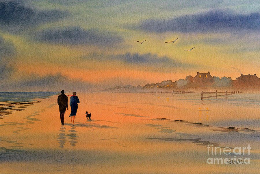 A Stroll Along The Beach At Sunset Painting by Bill Holkham