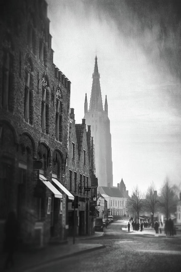A Stroll Along The Dijver Canal Bruges Belgium Black and White Photograph by Carol Japp