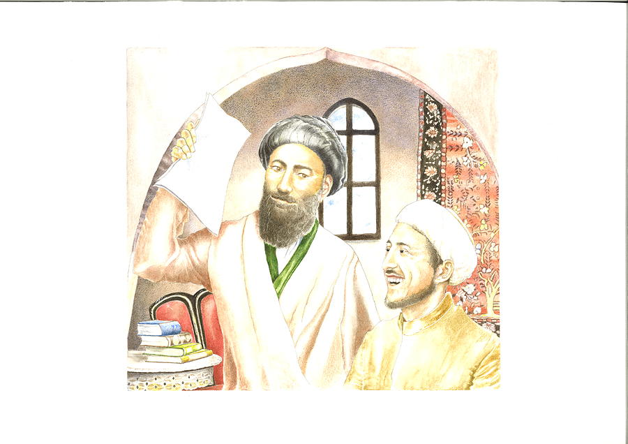 A student of Qain in Persia has presented Nabil-i-Akbar with the Writings of Bahaullah Painting by Sue Podger