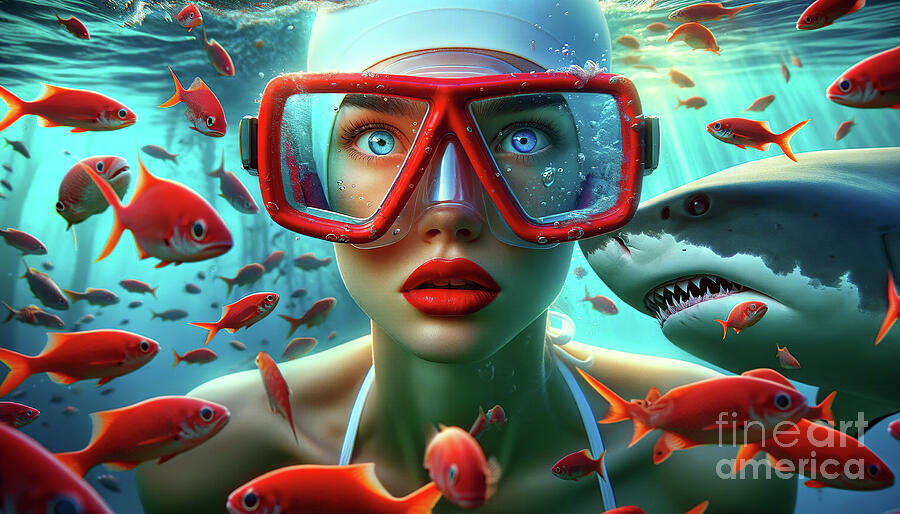 A stunned woman in a swimming cap and goggles underwater Digital Art by Odon Czintos