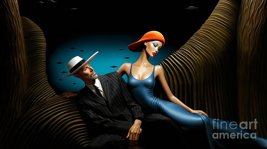 A stylized couple with exaggerated features, dressed in 20th-century fashion. Digital Art by Odon Czintos
