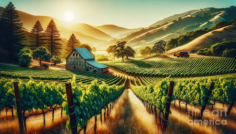 Vintage Painting - A sun-drenched vineyard in Napa Valley, with rolling hills and a vintage barn. by Jeff Creation