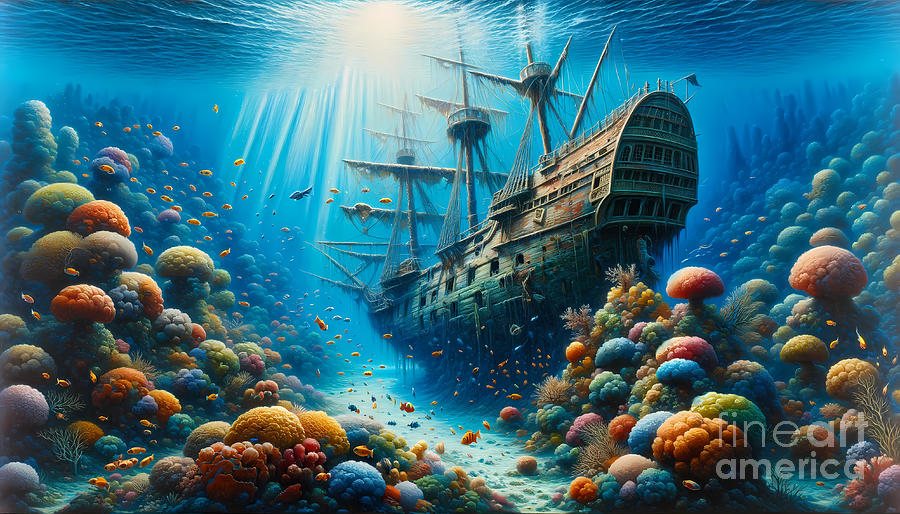 Nature Painting - A sunken pirate ship on a coral reef, with tropical fish and clear blue waters. by Jeff Creation