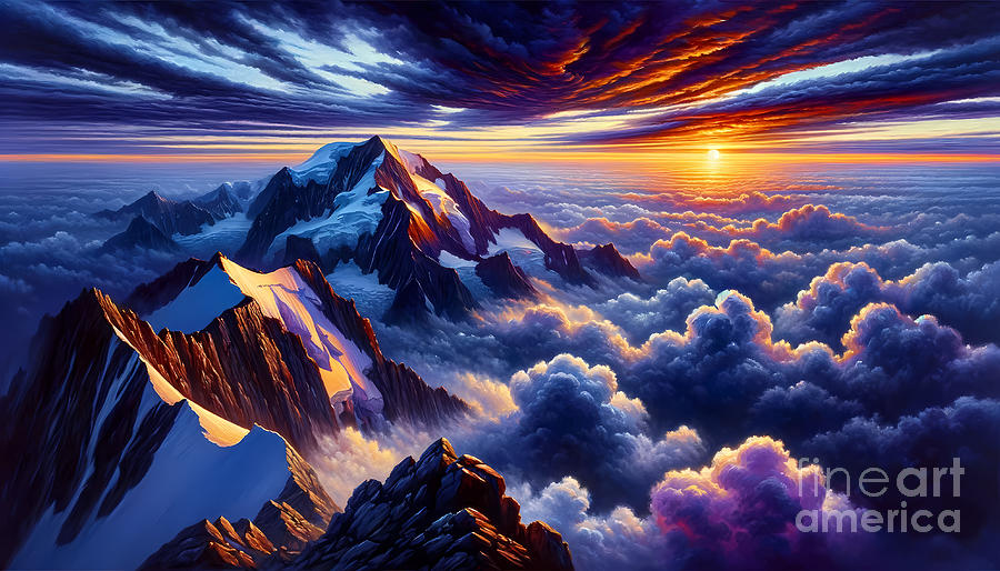 Sunset Painting - A sunset view from a high peak with clouds below the mountaintop by Jeff Creation