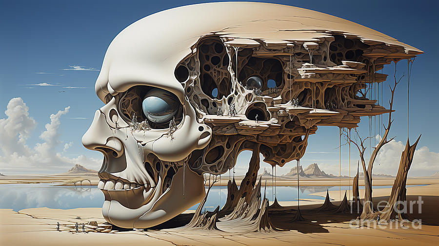 A surreal desert landscape with a large skull-like structure. Digital Art by Odon Czintos