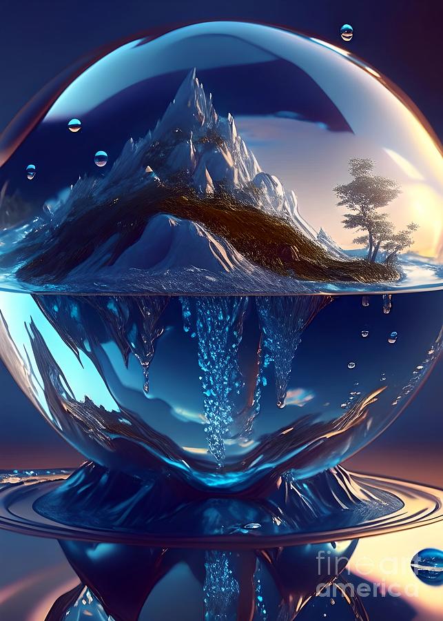 A Surreal Mountain Landscape Captured in a Liquid Sphere Mixed Media by Artvizual Premium