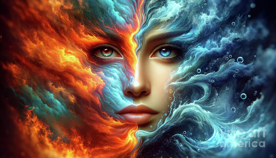 A surreal portrait of a womans face merges with vivid elements of fire and water Digital Art by Odon Czintos