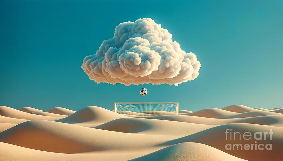 A surreal scene with a soccer ball floating towards a goal in a desert, under a massive cloud. Digital Art by Odon Czintos