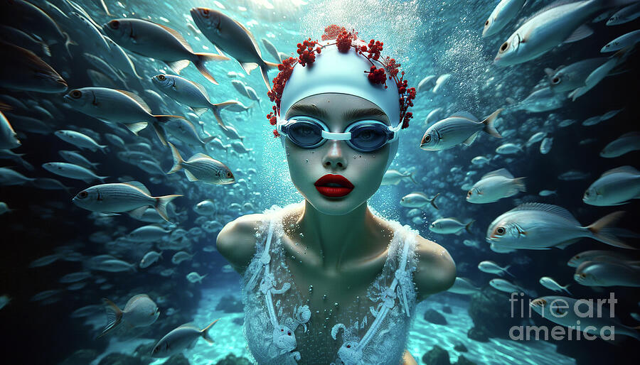 A surreal underwater scene is depicted where a person with striking red lips Digital Art by Odon Czintos