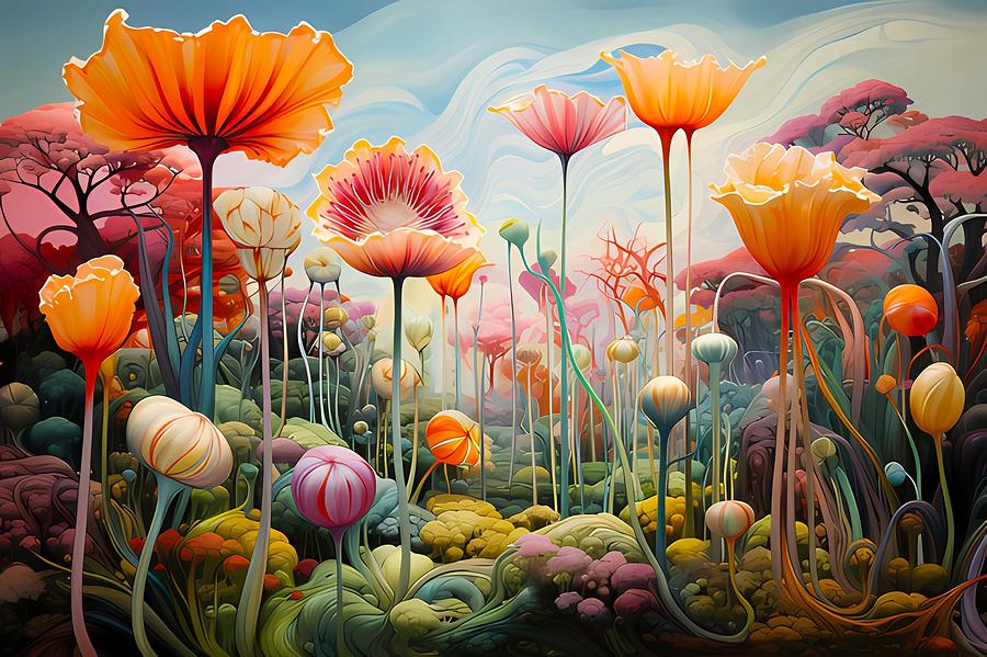 A surrealist painting featuring a landscape of giant, fantastical flowers No 1 Digital Art by Andre Petrov
