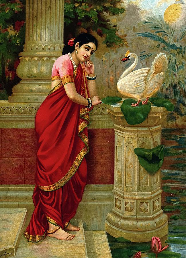 Swan Painting - A Swan telling Damayanti of Nalas love by Ravi Varma