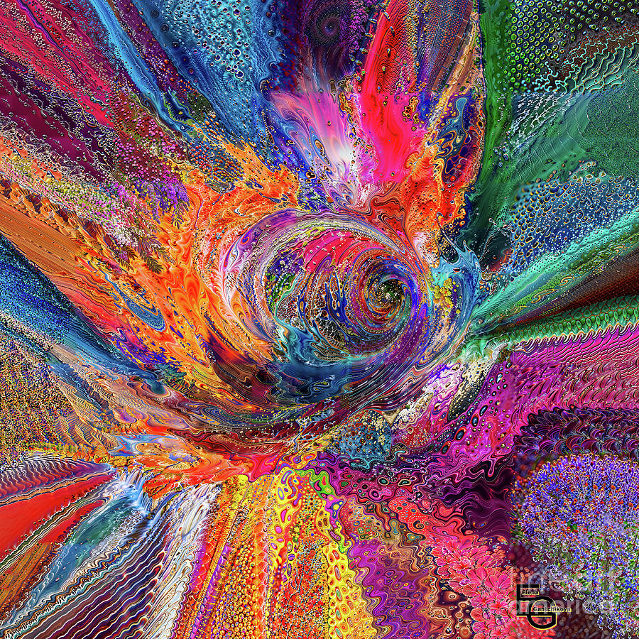 A swirling vortex bursts with vibrant, chaotic colors resembling an explosion of abstract patterns. Digital Art by Elena Gantchikova A swirling vortex bursts with vibrant, chaotic colors resembling an explosion of abstract patterns. Digital Art by Elena Gantchikova