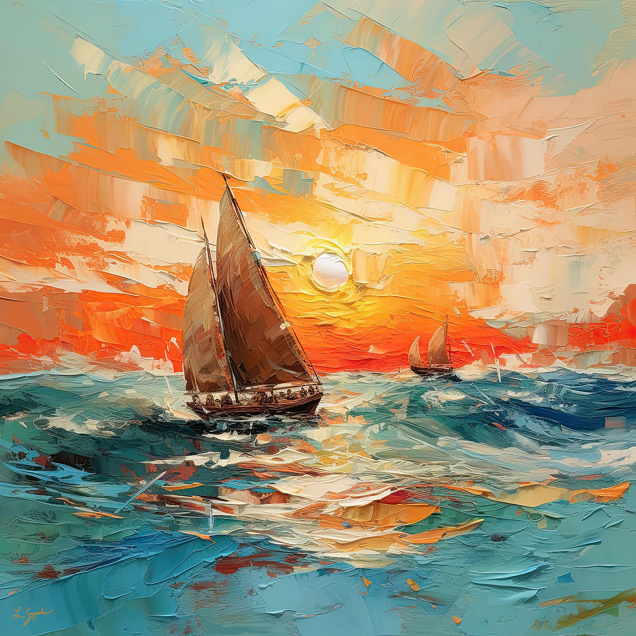 A Symphony of Turquoise and Orange - Sailboats at Sunset Digital Art by Lourry Legarde