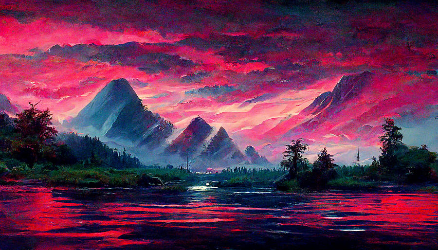Abstract Painting - a  synthwave  landscape  painting  by  bob  Ross  41176e41  2151  467e  a81e  8c14a5f62abe by Celestial Images