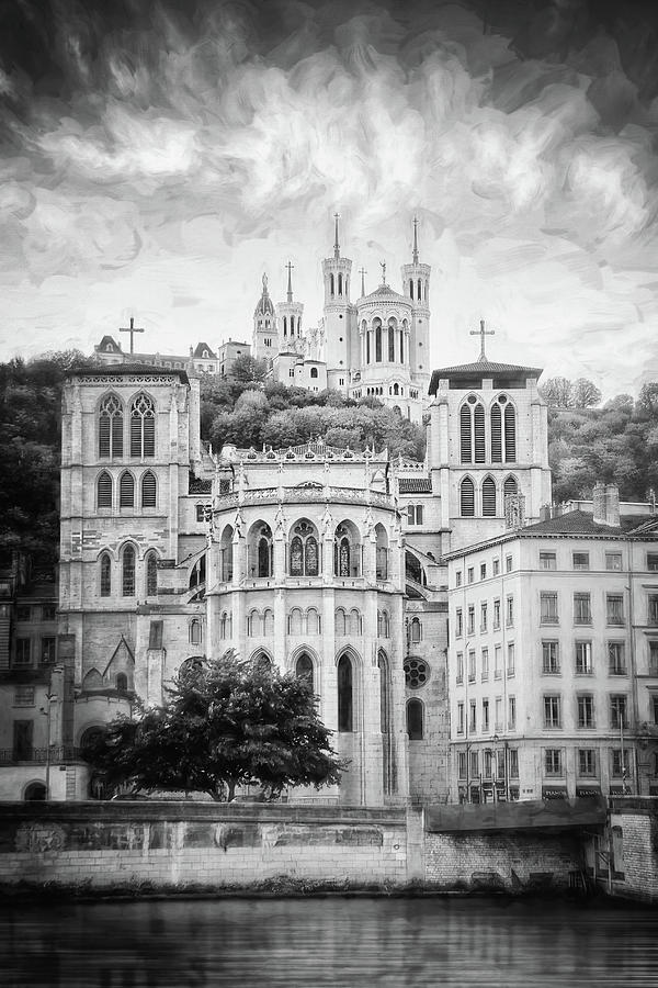 Romanesque Photograph - A Tale of Two Churches Lyon France Black and White  by Carol Japp