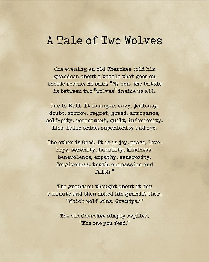 A Tale of Two Wolves - Native American Story on Good and Evil - Vintage Style Typewriter Print Digital Art by Studio Grafiikka
