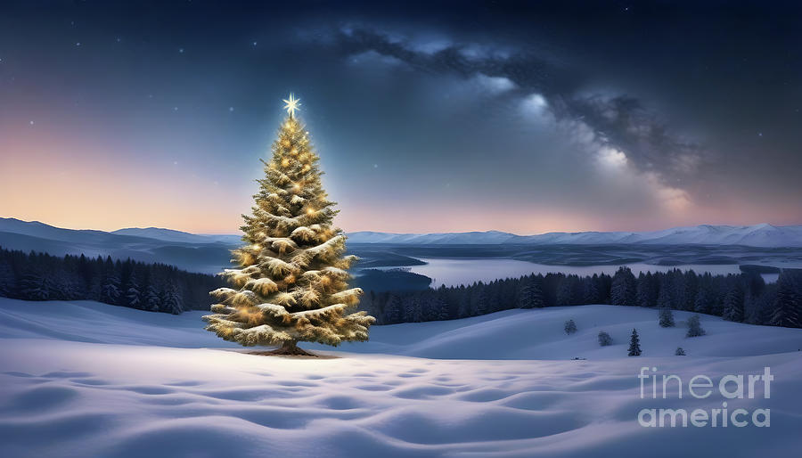 A tall fir tree decorated for Christmas, in a background of snowy mountains. Photograph by Joaquin Corbalan